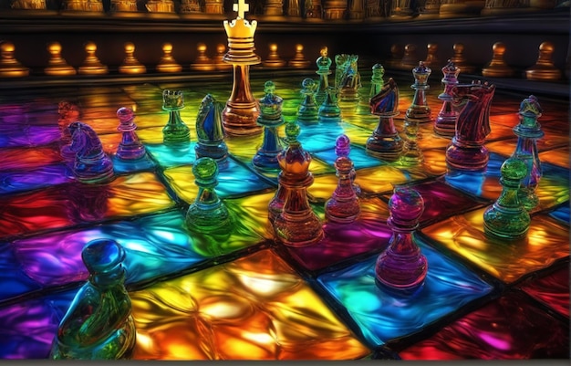 Glass chess on board with colorful design Competition chess background