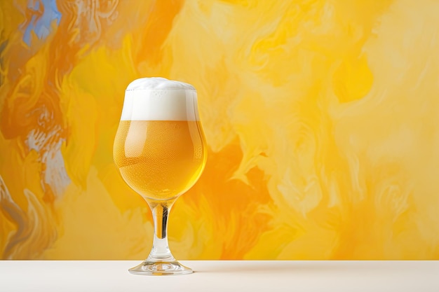 A glass of chilled beer featuring a frothy white head is placed on a white tabletop against a backdr