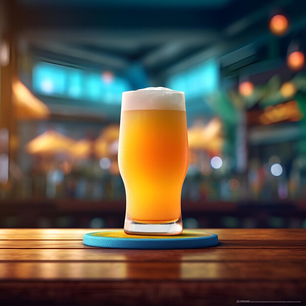 Photo glass of chilled beer on table and blurred sparkling bar background ai generated