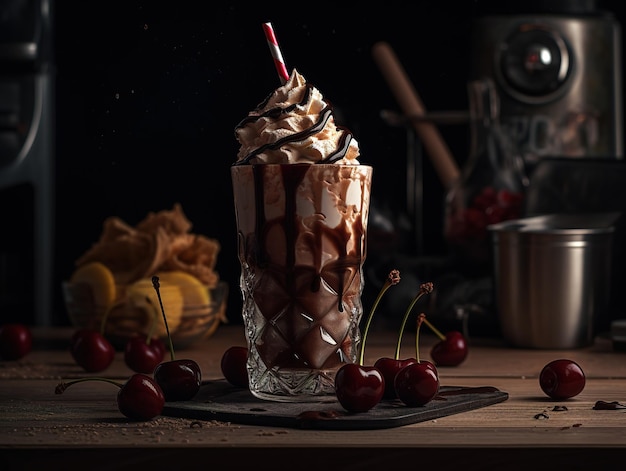 A glass of chocolate cherry milkshake with a red and white striped straw.