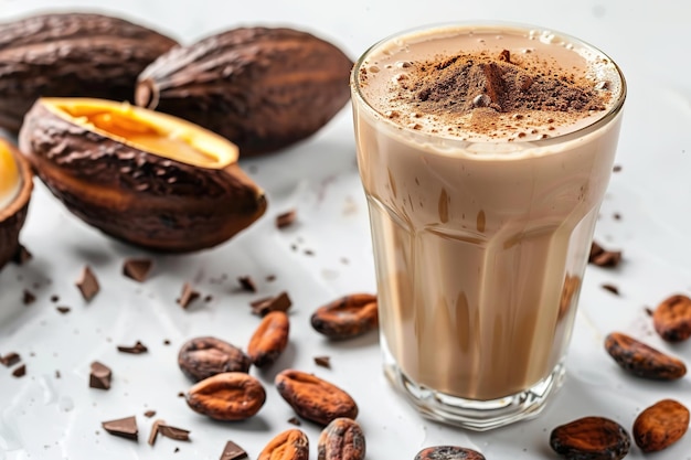 A glass of chocolate drink with cocoa pods and beans on a white surface