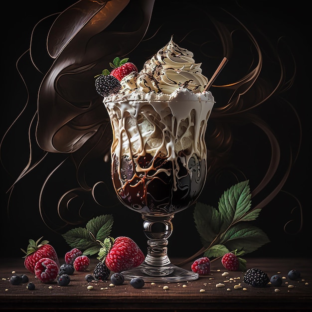 A glass of chocolate drink with whipped cream and berries on it.