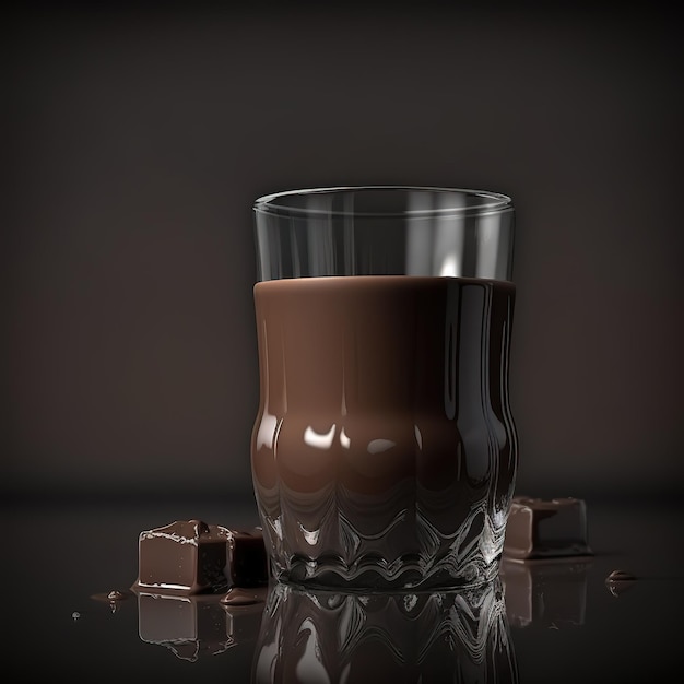 チョコレート ミルクのグラスがテーブルの上に置かれ、その上にチョコレートの塊がいくつか置かれています。