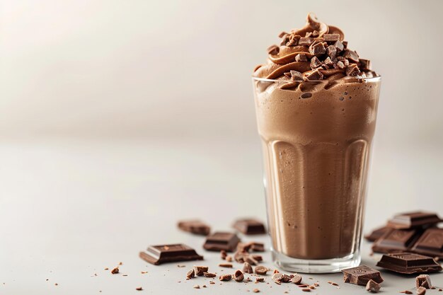 a glass of chocolate milkshake with chocolate chips on it