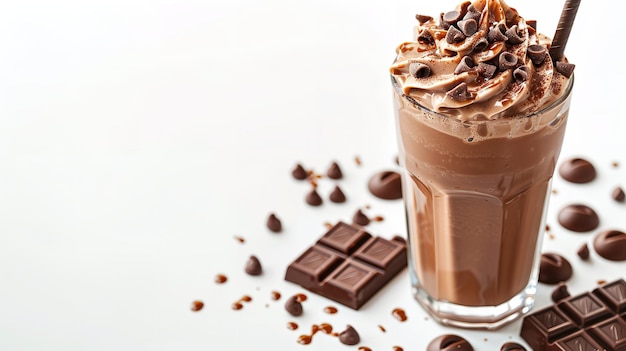 a glass of chocolate milkshake with chocolate chips on the table