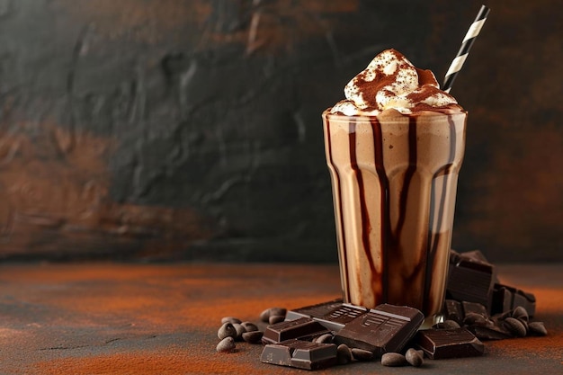 Glass of chocolate milkshake with straw and copy space