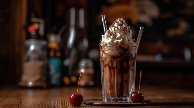 A glass of chocolate milkshake with whipped cream and cherries on the top