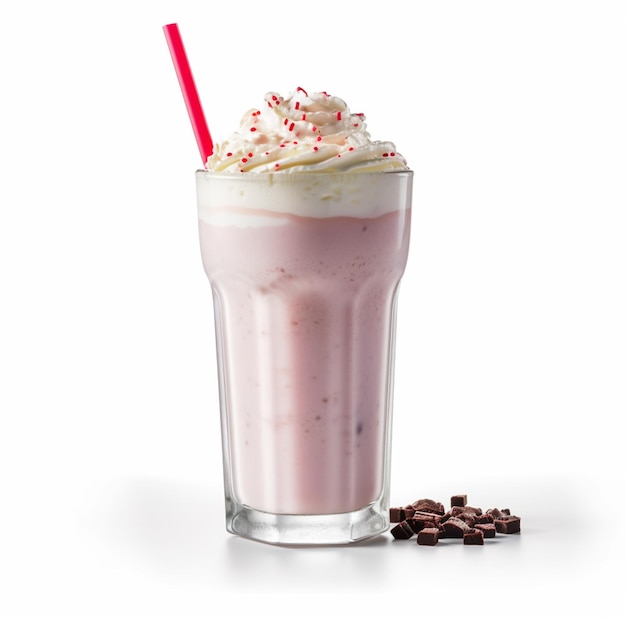 A glass of chocolate milkshake with whipped cream and sprinkles on top.