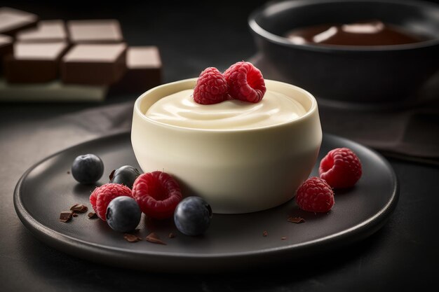 A glass of chocolate mousse sits on a plate with a bottle of bourbon behind it