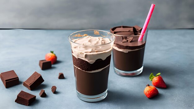 横にストローが付いたチョコレートムースのグラス