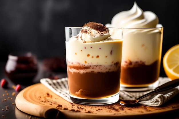 A glass of chocolate mousse with whipped cream on top