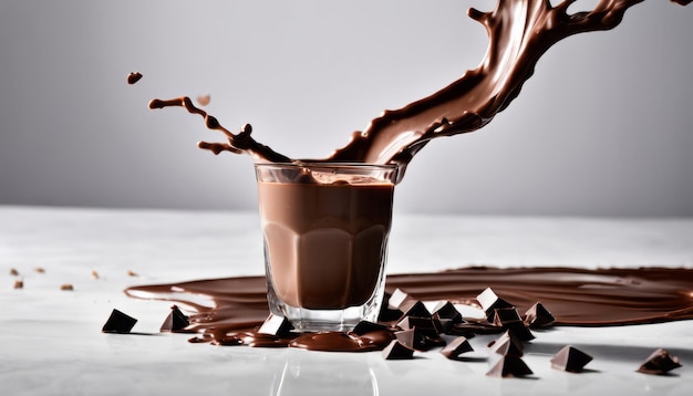 A glass of chocolate sauce is spilling onto a table