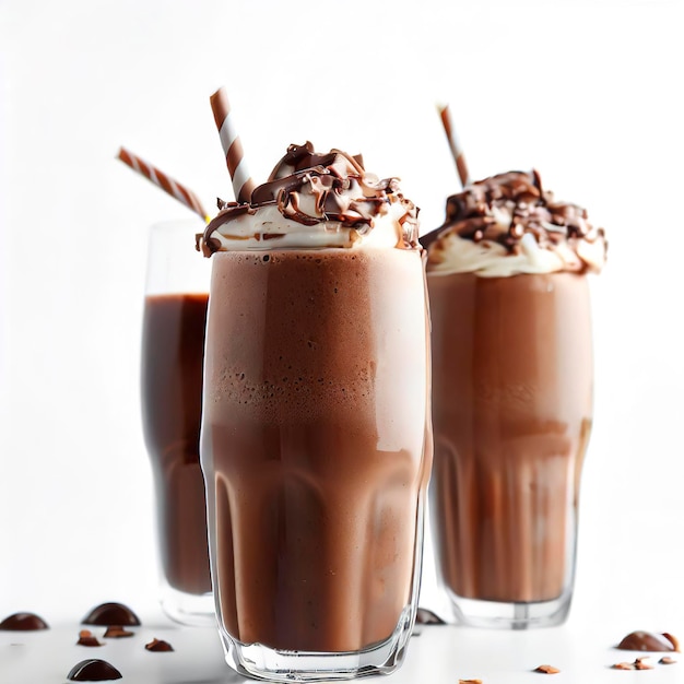 A glass of chocolate smoothies on white background