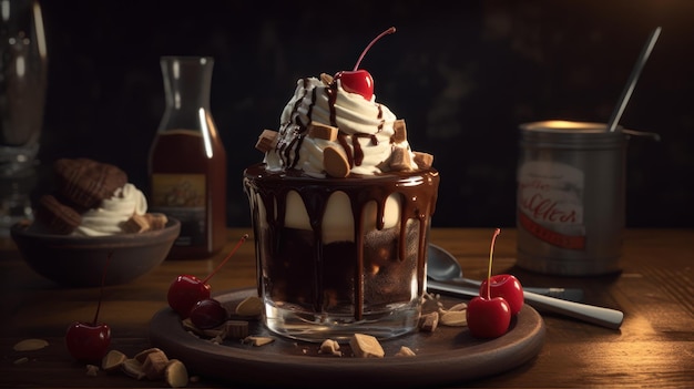 A glass of chocolate sundae with a bottle of maple syrup in the background.