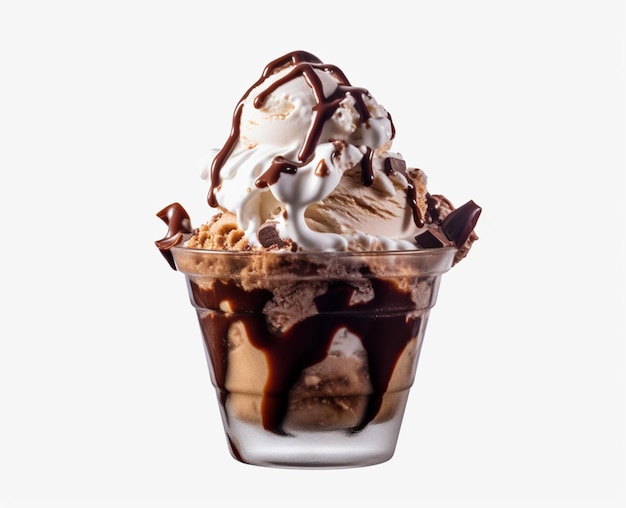 A glass of chocolate sundae with chocolate sauce and chocolate sauce