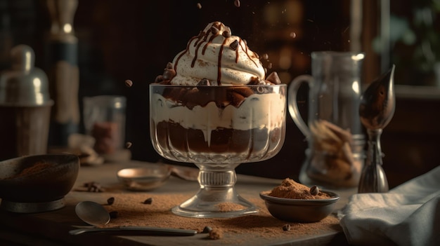 A glass of chocolate trifle with chocolate sauce and chocolate chips on the top.