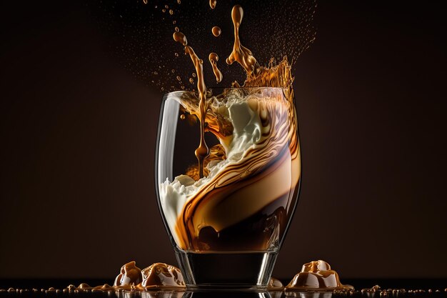 A glass of chocolate with a splash of milk and chocolate on a dark background