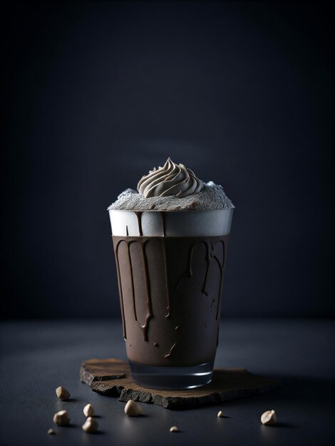 A glass of chocolate with whipped cream and chocolate on top.