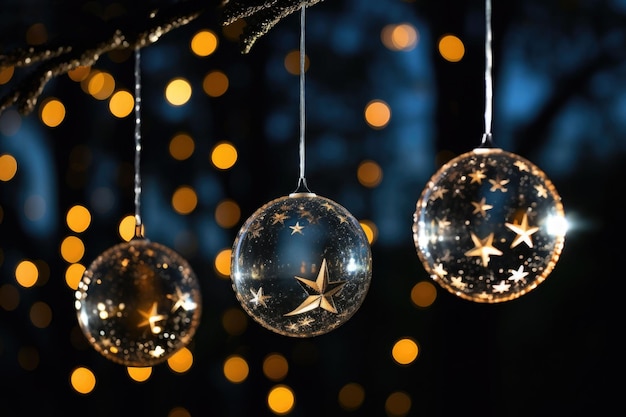 Glass christmas decorations hanging from a christmas at night Bokeh background Night time stars christmas lights AI generated illustration