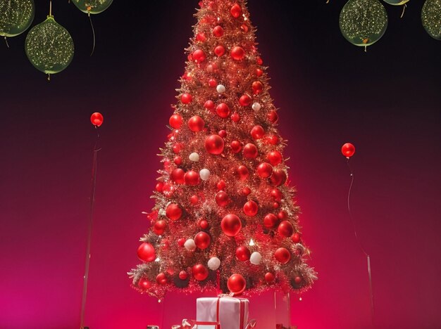 Glass christmas tree with color full balloons and gift box and party background