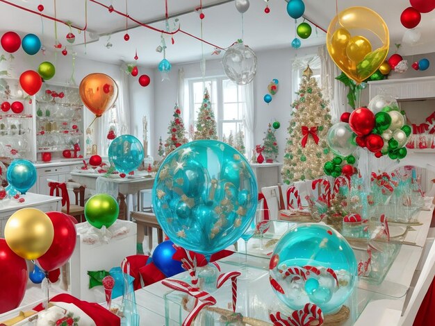 Glass christmas tree with color full balloons and gift box and party background
