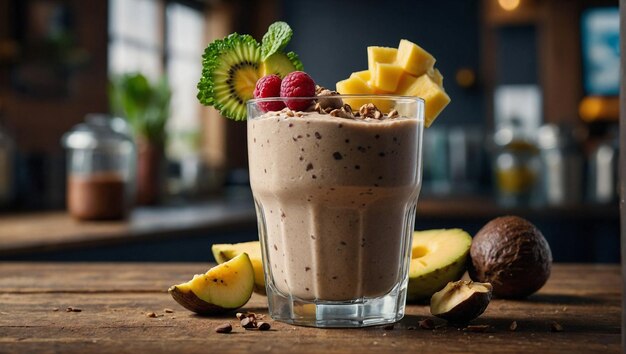 a glass of chunky monkey protein smoothie