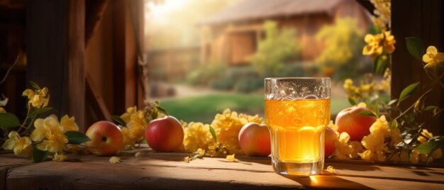 A glass of cider on wooden table with spices