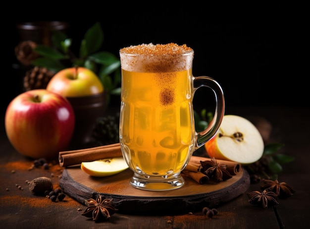 A glass of cider on wooden table with spices
