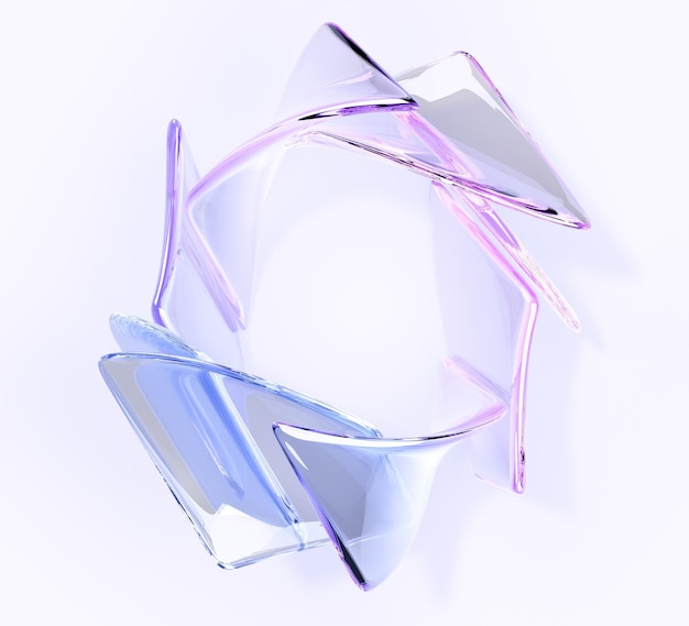 Foto frame circolare di vetro di piastre d'onda curva olografica 3d rendering anello di cristallo iridescente con consistenza gradiente blu e rosa sfondo geometrico astratto con forma trasparente lucida dell'arcobaleno