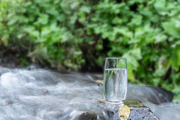 개울이나 산 샘 근처의 푸른 숲에 있는 돌에 있는 투명한 유리에 깨끗한 투명한 식수 한 잔. 건강한 음식과 다이어트, 아름다운 배경.