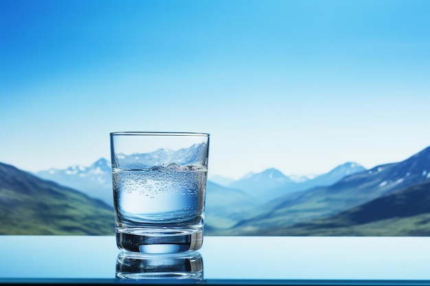 Glass of clean water on blue background with mountains Background with copy space