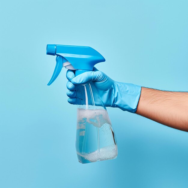 glass cleaner in hand on light background