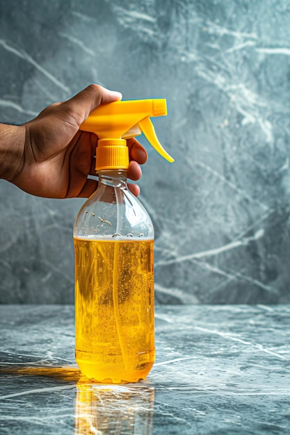 glass cleaner in hand on light background