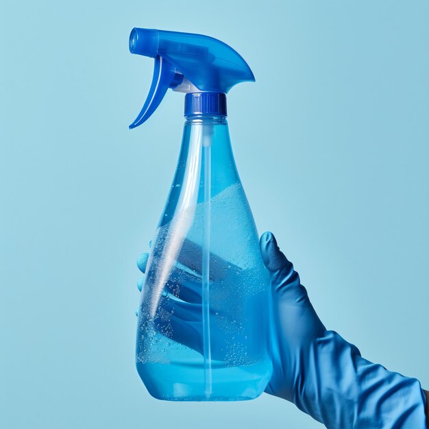 glass cleaner in hand on light background