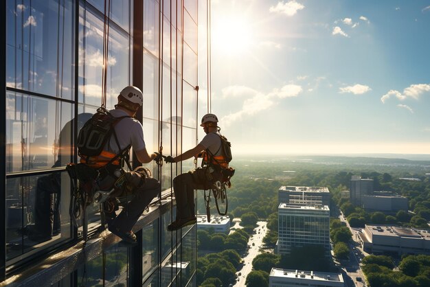 Glass cleaners hanging on skyscraper