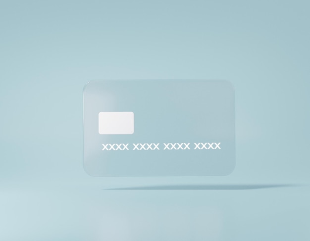 青のパステルカラーの背景にガラスの透明な空白のクレジットカードアイコン。 3Dレンダリング、イラスト