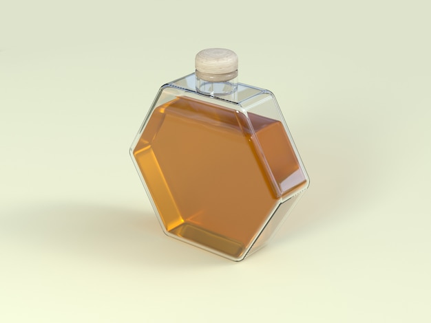 glass clear hexagon bottle honey yellow color 3d rendering