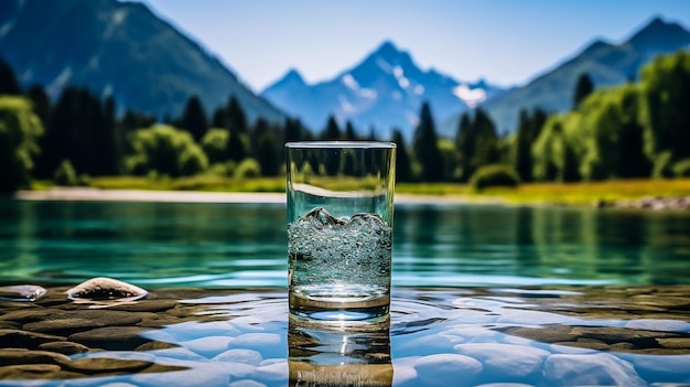 Foto bicchiere di acqua limpida sullo sfondo di montagne spazio per il testo