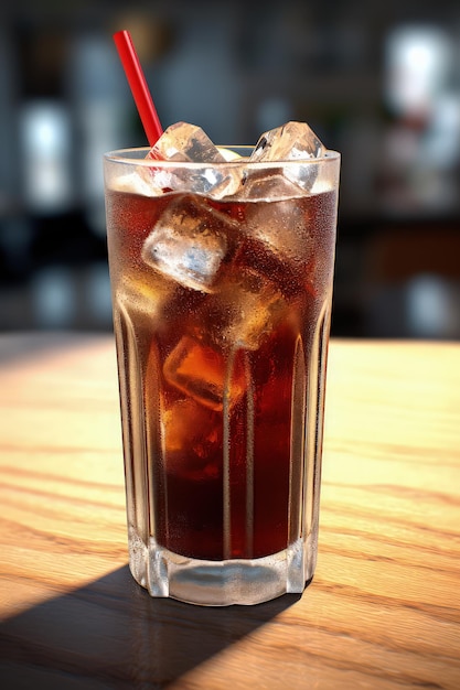 A glass of coca cola with a red straw in it