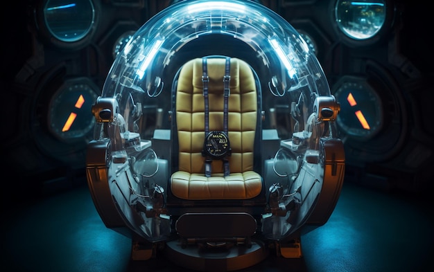 Photo a glass cockpit with a yellow seat and the word star wars on it.