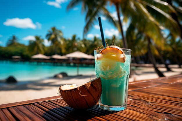 ビーチでカクテルを飲む