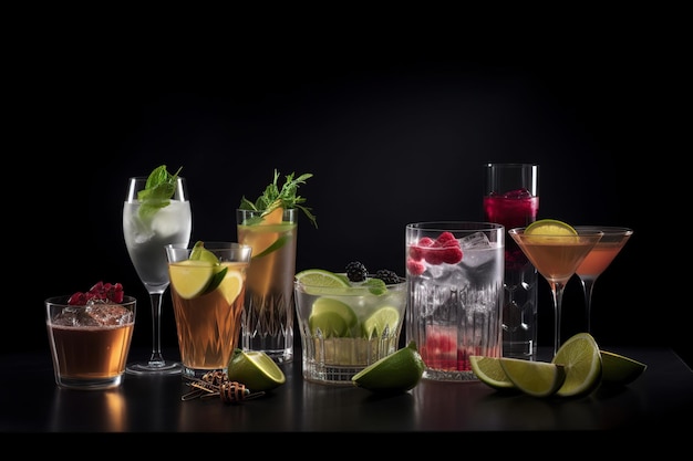 Glass cocktail glasses with cocktails on a black background time of evening life club party