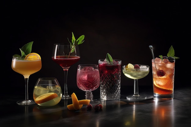 Glass cocktail glasses with cocktails on a black background time of evening life club party