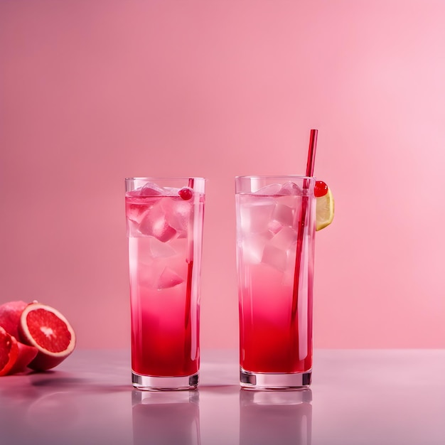 Glass cocktail glasses with fruits decorations on a simple empty background