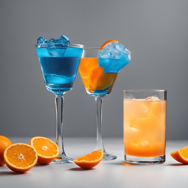 Glass cocktail glasses with fruits decorations on a simple empty background