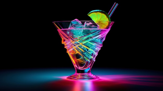 Glass of cocktail in hypnotic neon light Colorful rave party drink Generative AI