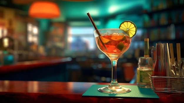 A glass of cocktail sits on a bar with a lime on the side.