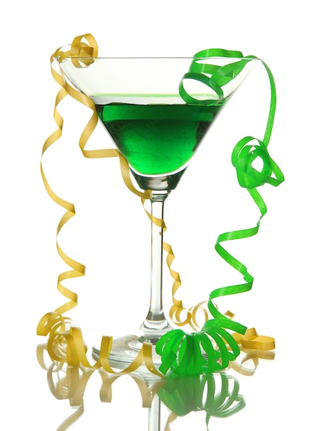 Glass of cocktail and streamer after party isolated on white