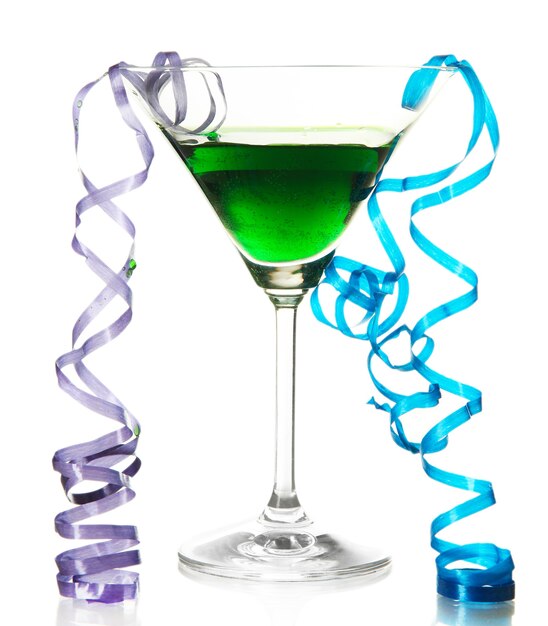 Glass of cocktail and streamer after party isolated on white