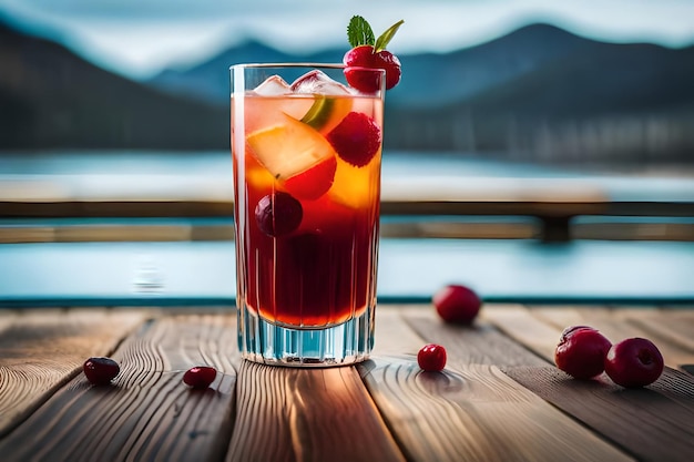 a glass of cocktail with berries and a strawberries on a wooden table.